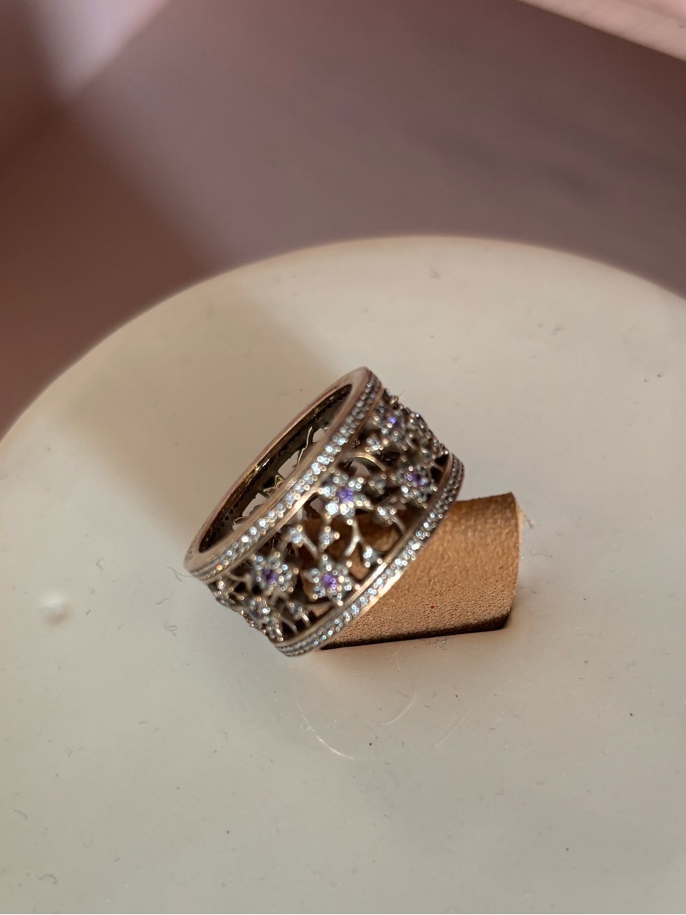 Pandora Silver Filigree Band Ring with Purple Accents